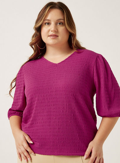 Textured V-neck Top with Puff Sleeves