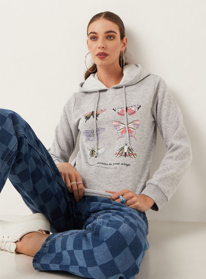 Butterfly Print Sweatshirt with Long Sleeves and Drawstring Detail-Hoodies & Sweatshirts-image-0