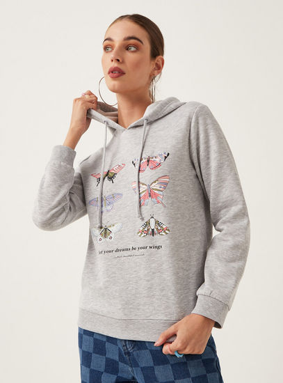 Butterfly Print Sweatshirt with Long Sleeves and Drawstring Detail-Hoodies & Sweatshirts-image-1