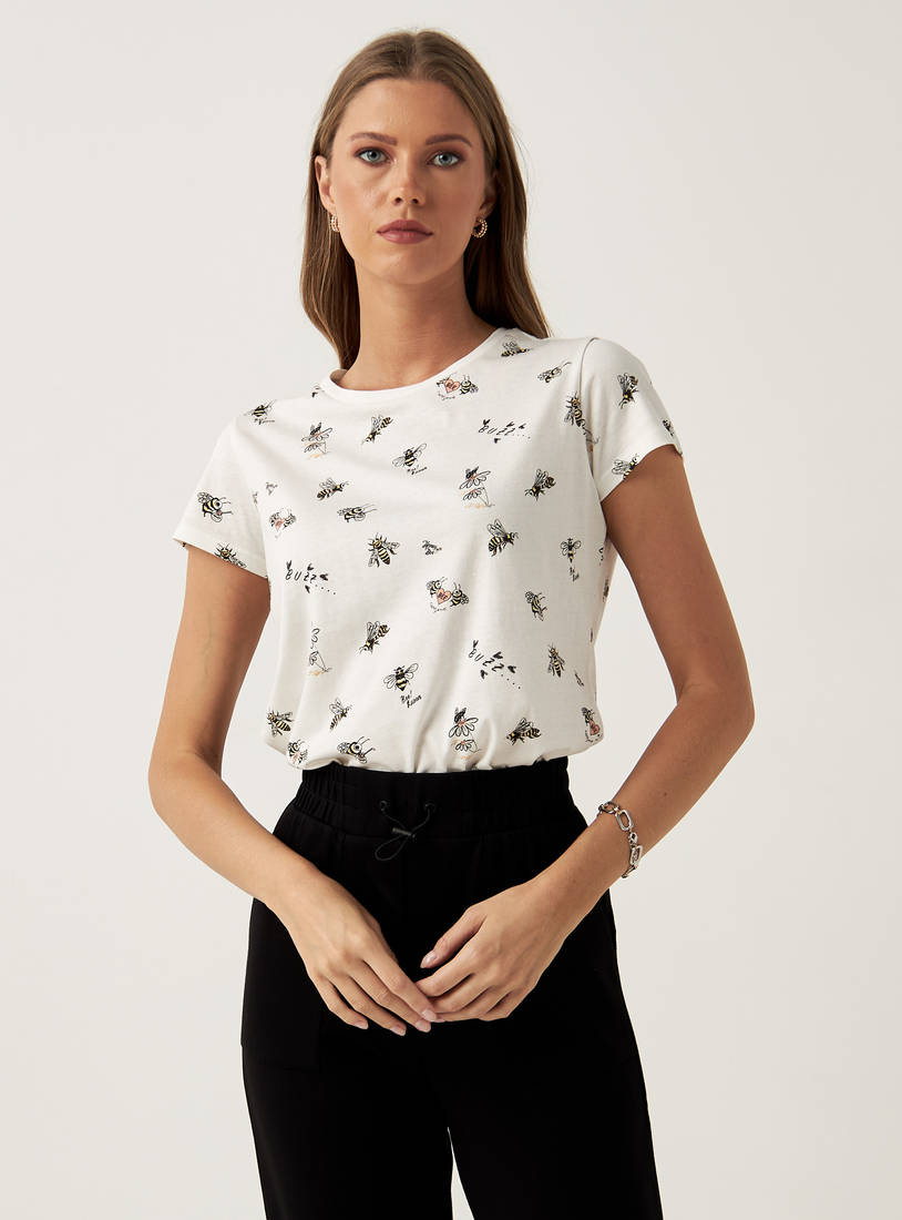 All Over Bees Print Better Cotton T-shirt with Round Neck and Cap Sleeves-T-shirts & Vests-image-0