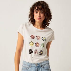 Floral Print BCI Cotton T-shirt with Round Neck and Short Sleeves