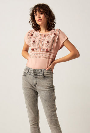 Printed BCI Cotton Top with Round Neck and Tassel Detail