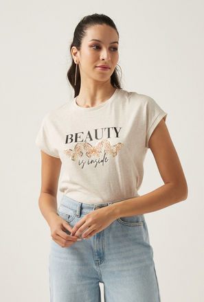 Printed BCI Cotton T-shirt with Round Neck and Cap Sleeves