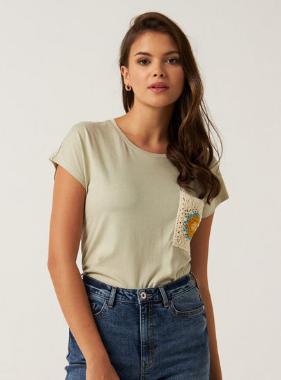 Solid BCI Cotton T-shirt with Round Neck and Embroidered Pocket