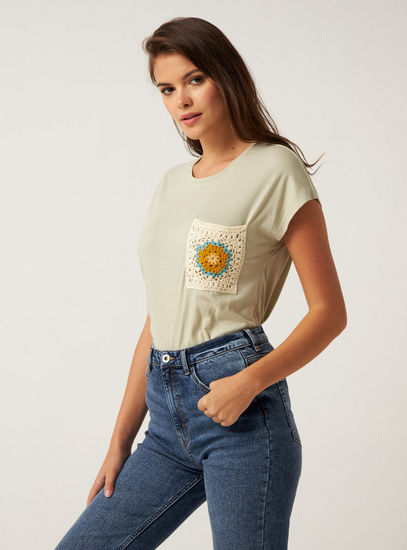 Solid BCI Cotton T-shirt with Round Neck and Embroidered Pocket