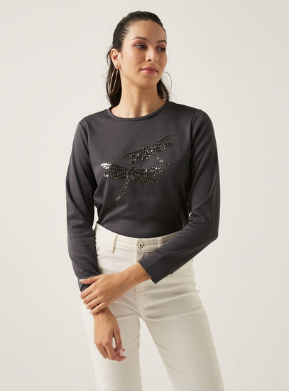 Dragon Fly Embellished Sweatshirt with Crew Neck and Long Sleeves-Hoodies & Sweatshirts-image-0