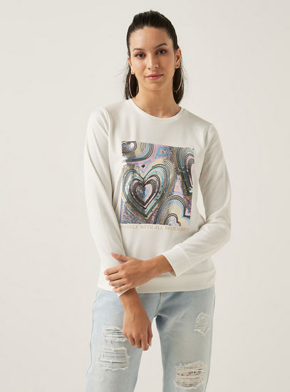 Sequin Embellished Crew Neck Sweatshirt with Long Sleeves-Hoodies & Sweatshirts-image-0