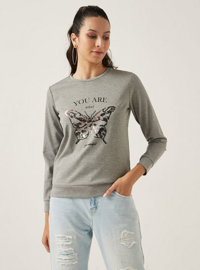 Embellished Crew Neck Sweatshirt with Long Sleeves-Hoodies & Sweatshirts-image-0
