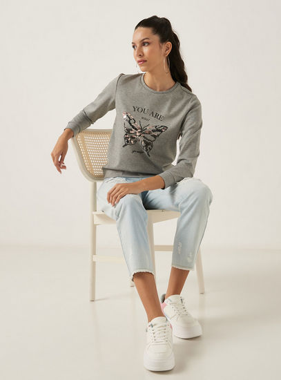Embellished Crew Neck Sweatshirt with Long Sleeves-Hoodies & Sweatshirts-image-1