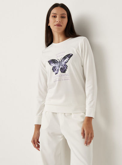 Butterfly Embellished Sweatshirt with Crew Neck and Long Sleeves-Hoodies & Sweatshirts-image-0