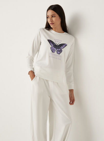 Butterfly Embellished Sweatshirt with Crew Neck and Long Sleeves-Hoodies & Sweatshirts-image-1