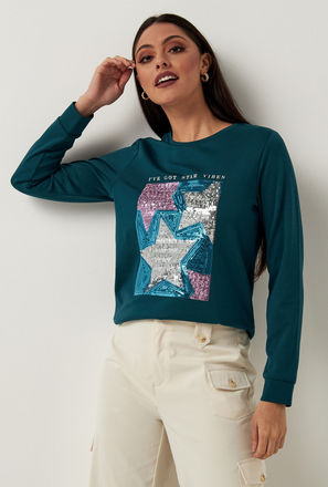 Embellished Sweatshirt with Crew Neck and Long Sleeves