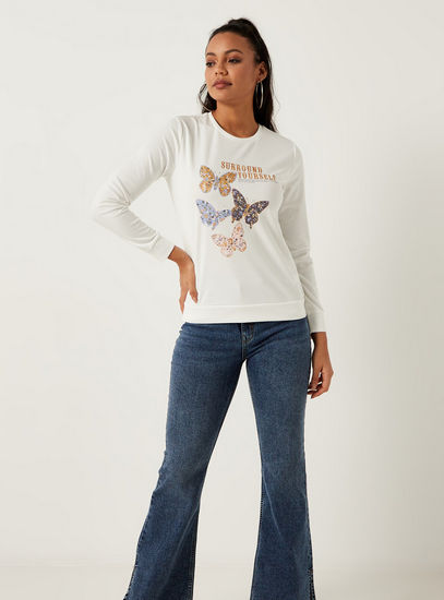 Butterfly Print Crew Neck Sweatshirt with Long Sleeves-Hoodies & Sweatshirts-image-1