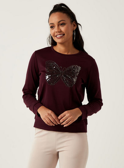 Embellished Butterfly Sweatshirt with Crew Neck and Long Sleeves-Hoodies & Sweatshirts-image-0