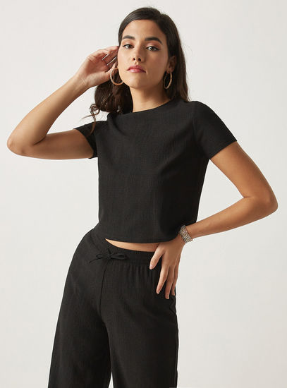Solid Crepe Top with Round Neck and Short Sleeves-Blouses-image-0