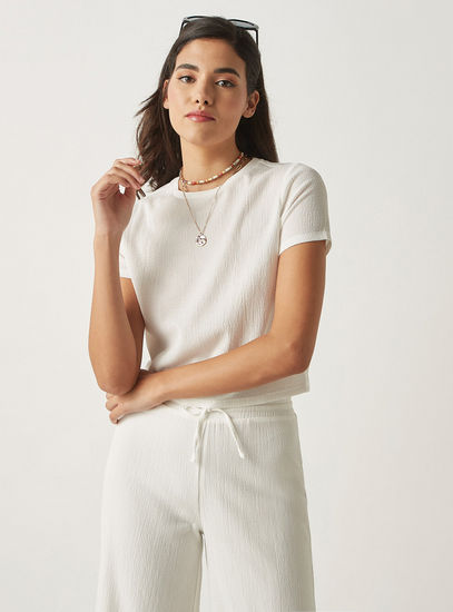 Solid Crepe Top with Round Neck and Short Sleeves-Blouses-image-0