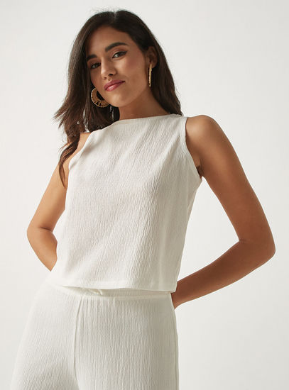 Textured Sleeveless Crepe Top with Round Neck-Blouses-image-0