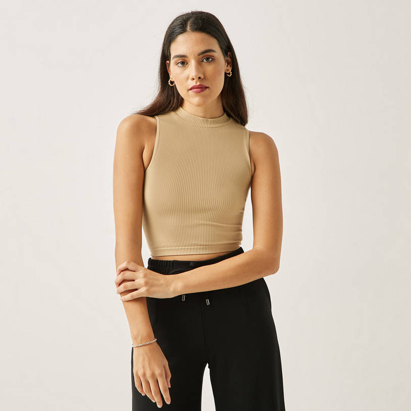 Ribbed Sleeveless Crop Top with High Neck--image-0