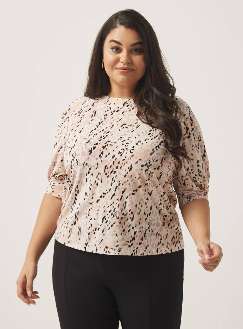 All-Over Print Top with Round Neck and Puff Sleeves-Blouses-image-0