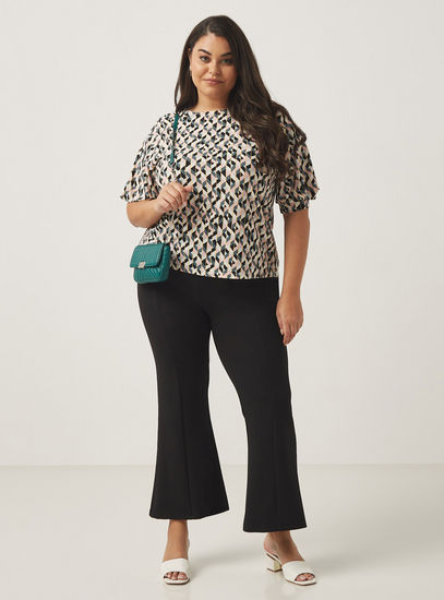 All-Over Print Top with Round Neck and Puff Sleeves