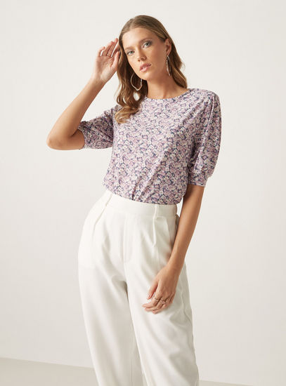 All-Over Floral Print Top with Round Neck and Puff Sleeves-Blouses-image-0