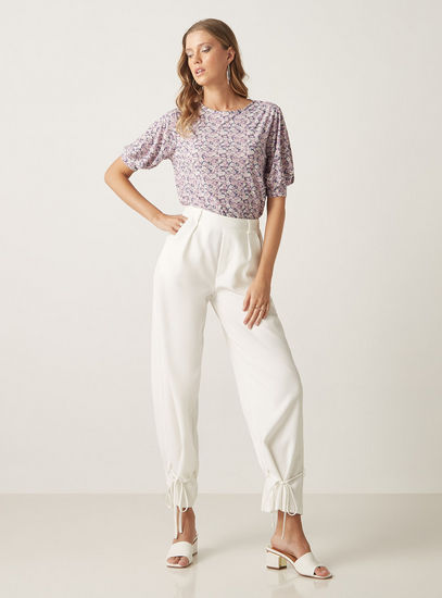 All-Over Floral Print Top with Round Neck and Puff Sleeves-Blouses-image-1