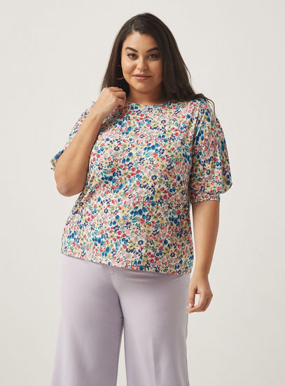 All-Over Floral Print Top with Puff Sleeves
