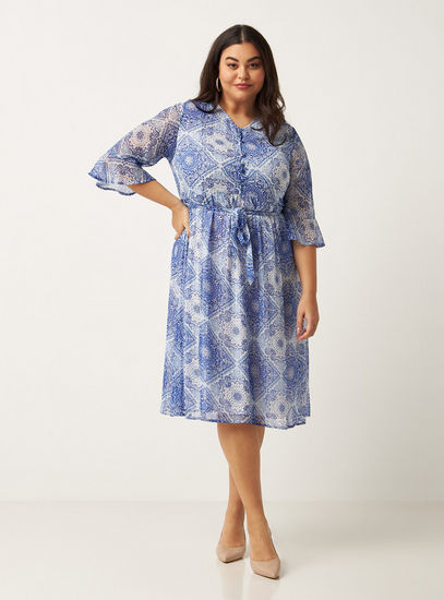 All-Over Print A-line Dress with Belt and Bell Sleeves-Midi-image-0