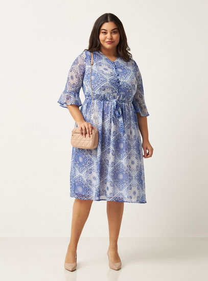 All-Over Print A-line Dress with Belt and Bell Sleeves-Midi-image-1