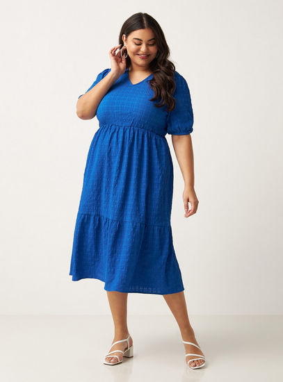 Textured Tiered Dress with Puff Sleeves-Maxi-image-0