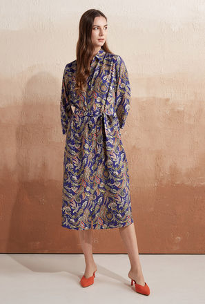 All Over Floral Print Shirt Dress with Collar and 3/4 Sleeves