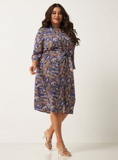 All Over Floral Print Shirt Dress with Collar and 3/4 Sleeves-Midi-image-0