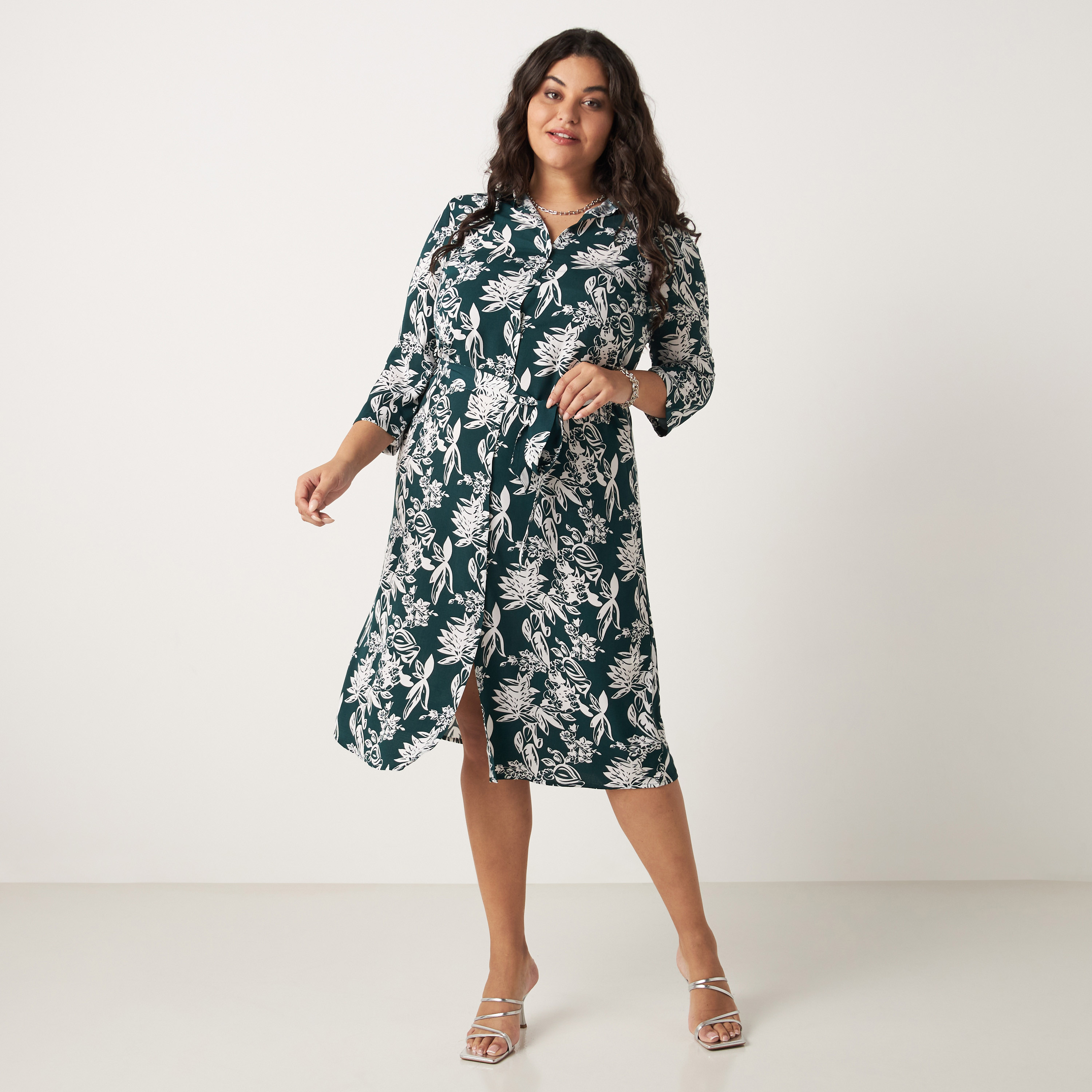 Shop All-Over Floral Print Shirt Dress with Collar and 3/4