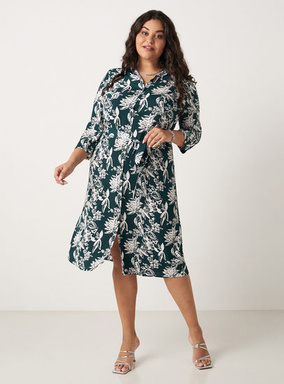 All Over Floral Print Shirt Dress with Collar and 3/4 Sleeves-Midi-image-0