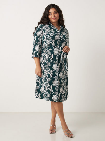 All Over Floral Print Shirt Dress with Collar and 3/4 Sleeves-Midi-image-1