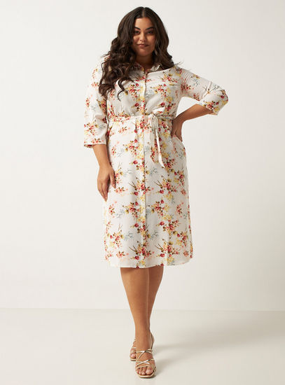 All Over Floral Print Shirt Dress with Collar and 3/4 Sleeves-Midi-image-1