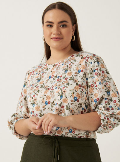 Floral Print Top with Round Neck and 3/4 Sleeves