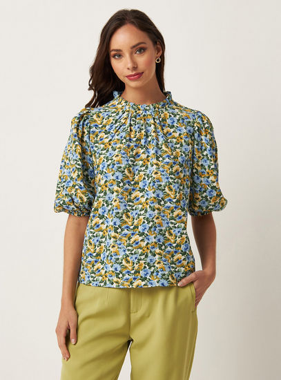 All-Over Floral Print Pie Crust Neck Top with Puff Sleeves-Shirts & Blouses-image-0