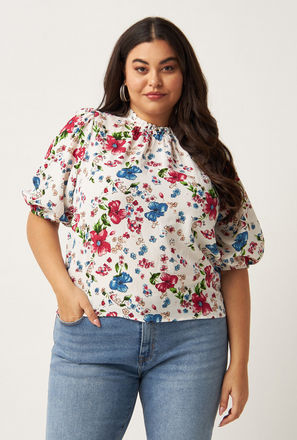 All-Over Floral Print Pie Crust Neck Top with Puff Sleeves