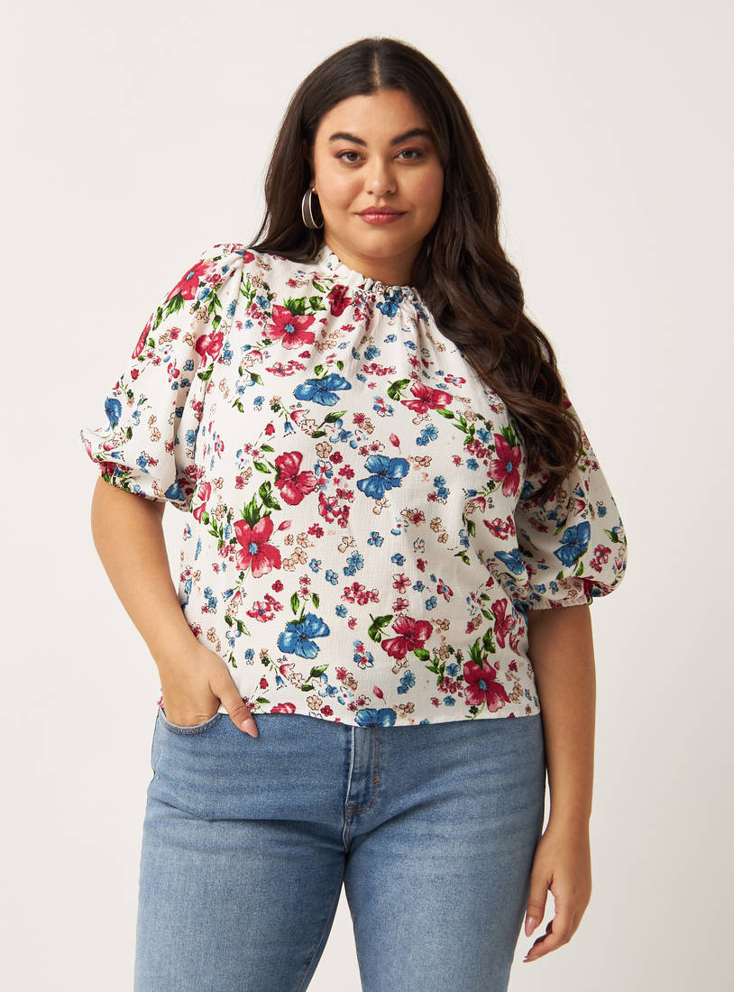 All-Over Floral Print Pie Crust Neck Top with Puff Sleeves-Shirts & Blouses-image-0