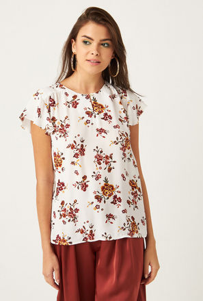 Floral Print Top with Cap Ruffle Sleeves