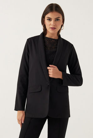 Solid Knitted Blazer with Notch Lapel and Flap Pockets