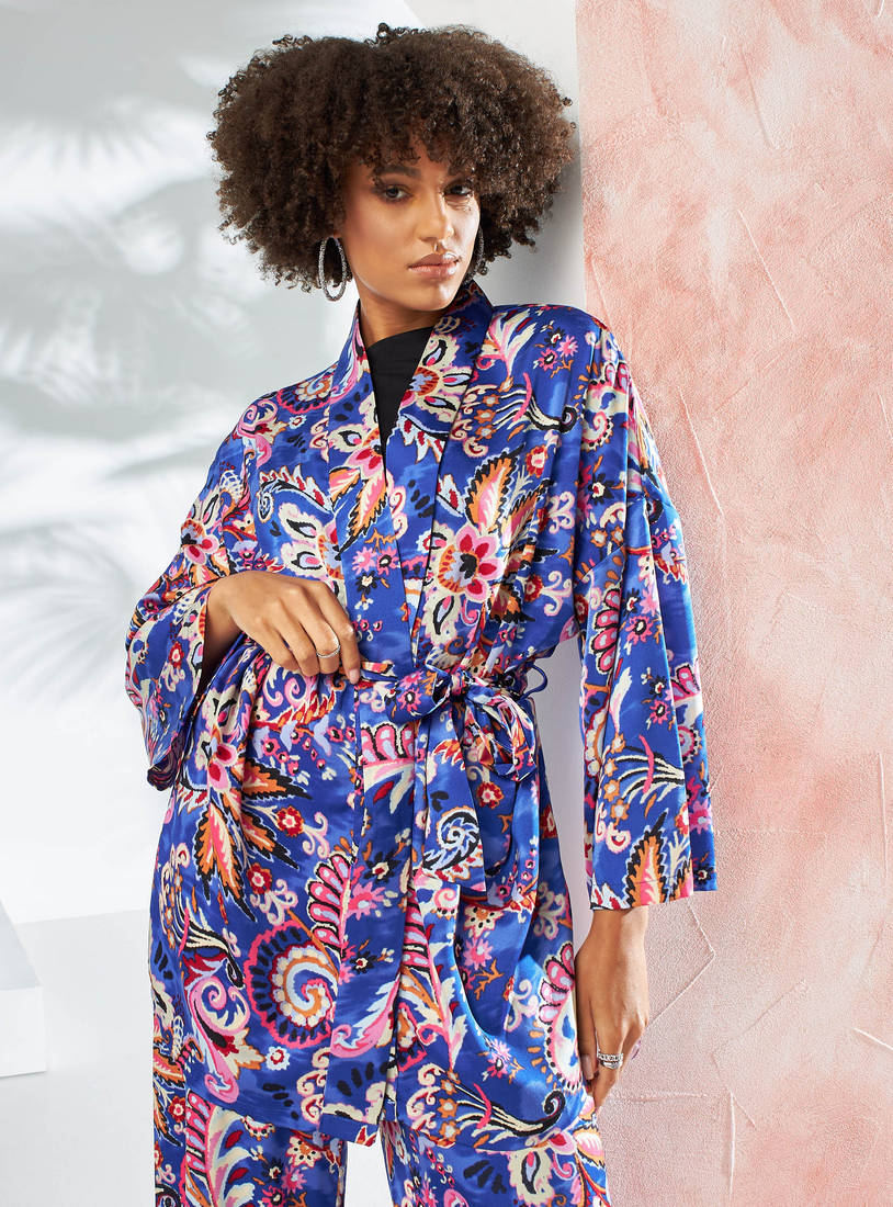 All-Over Paisley Print Satin Belted Kimono Top-Kimonos & Shrugs-image-0