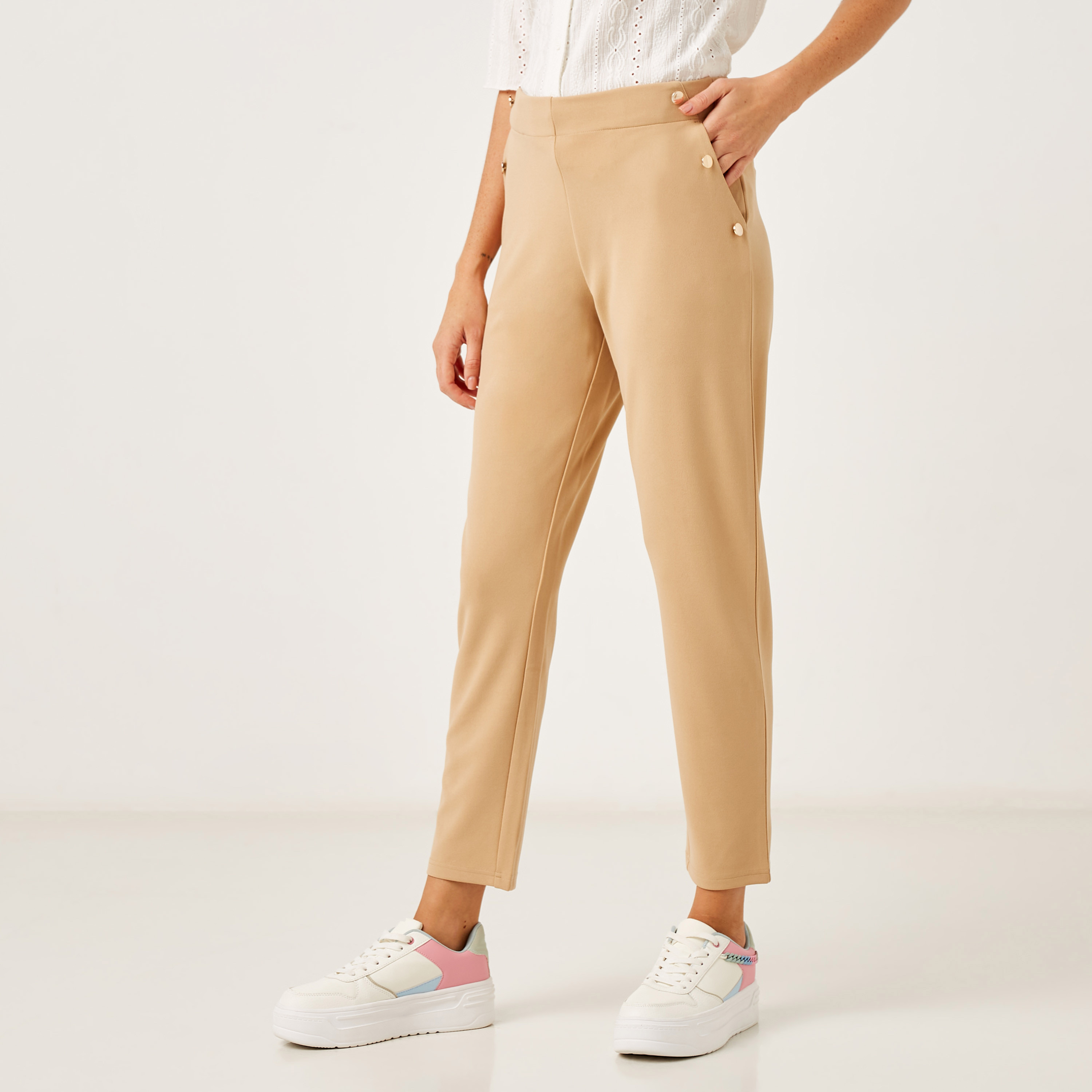 Shop Plain Pants with Button Detail and Pockets Online | Max UAE