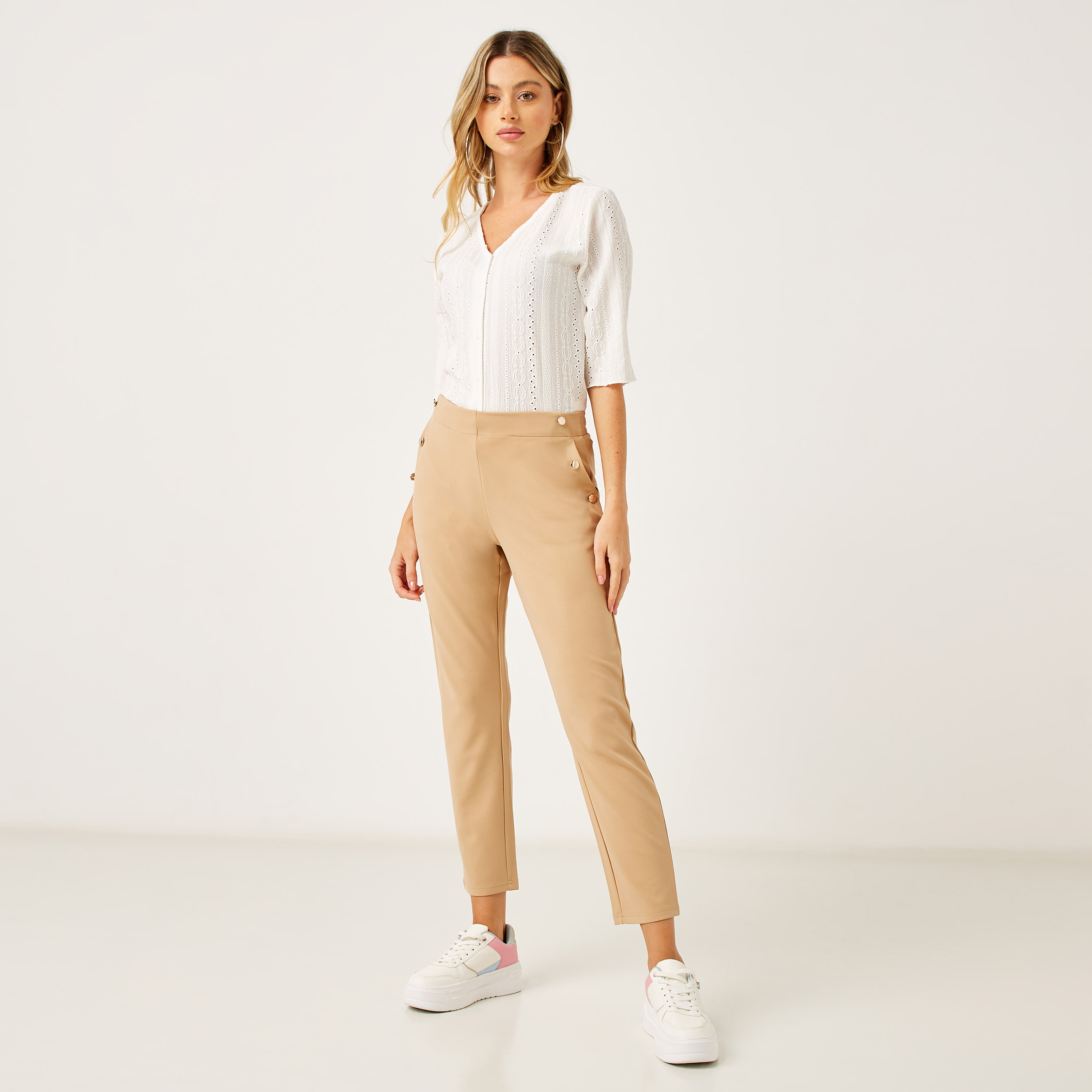 Shop Plain Pants with Button Detail and Pockets Online | Max UAE