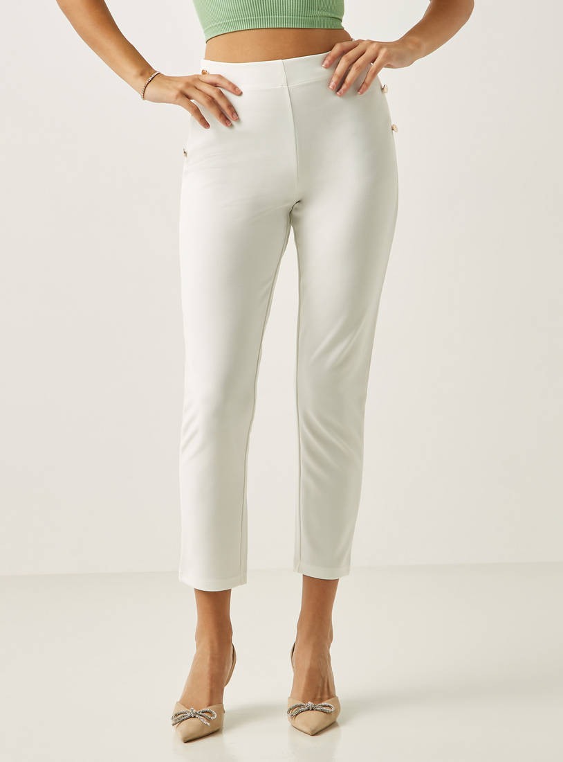 Solid Pants with Button Detail and Pockets-Pants-image-0