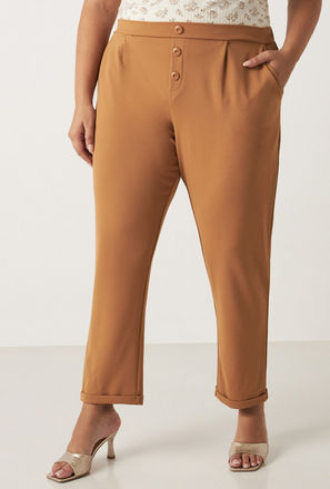 Solid Pants with Button Detail and Elasticated Waistband-mxwomen-clothing-plussizeclothing-pantsandleggings-pants-0