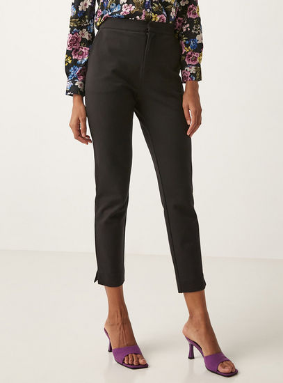Solid Ponte Pants with Button Closure and Pockets