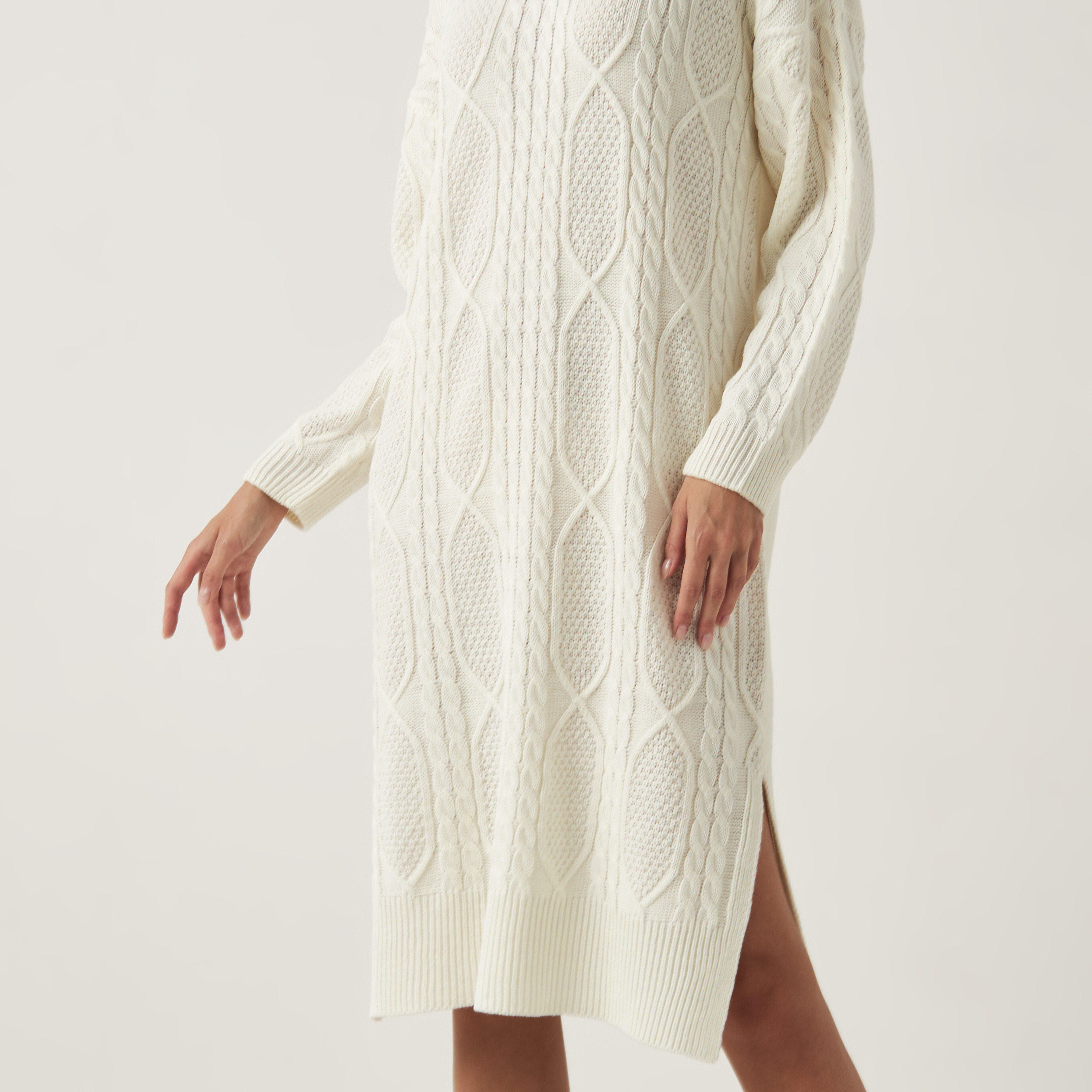 Shop Cable Knit Round Neck Dress with Long Sleeves and Slit