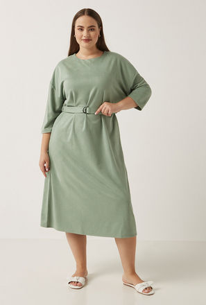 Solid Midi Dress with Pocket and Belt